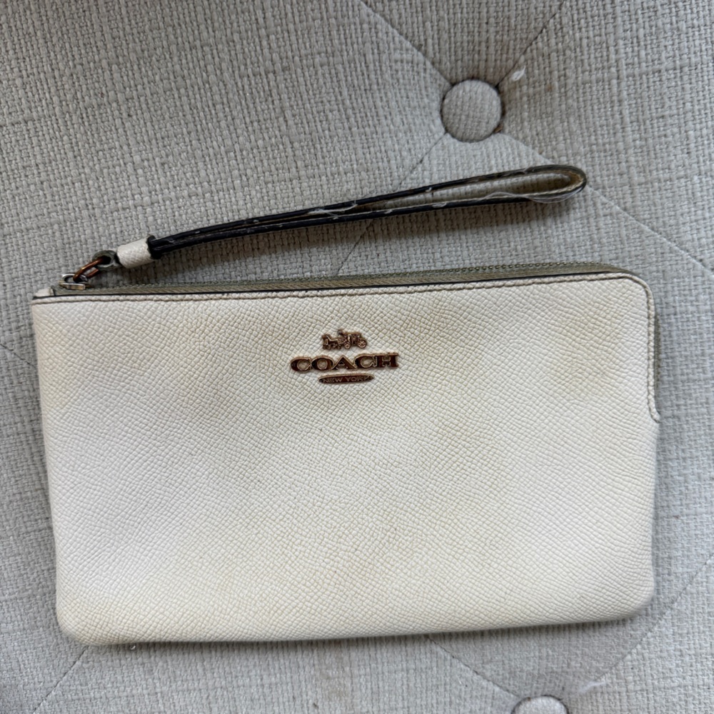 Coach Cream Leather Wristlet with Gold Logo and Dark Trim